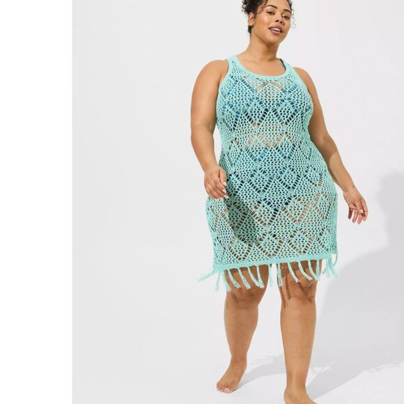 torrid Dresses & Skirts - Torrid Crochet Knit Fringe Coverup Dress Size 1X Mint Blue Beach Boho Vacation